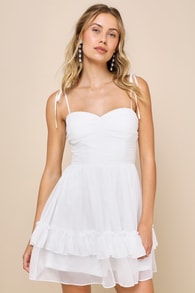 Angelic Approach White Chiffon Ruffled Tie-Strap Mini Dress
