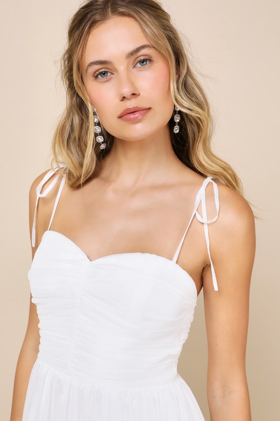 Lulus Angelic Approach White Chiffon Ruffled Tie-strap Mini Dress In White