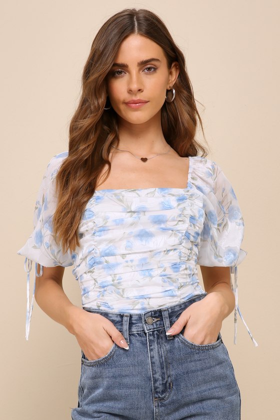Shop Lulus Sweet Choice Ivory Floral Burnout Ruched Puff Sleeve Bodysuit