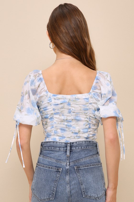 Shop Lulus Sweet Choice Ivory Floral Burnout Ruched Puff Sleeve Bodysuit