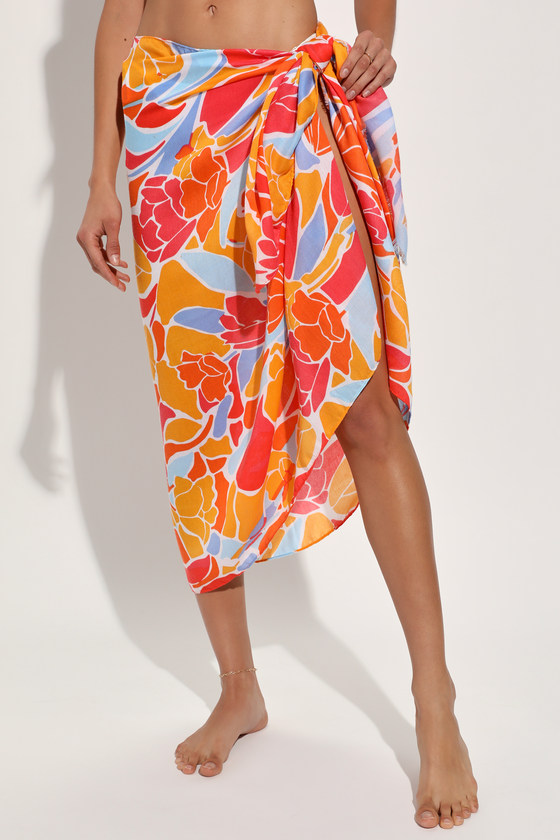 Tropical Brilliance Orange Multi Floral Sarong Swim Cover-Up 4