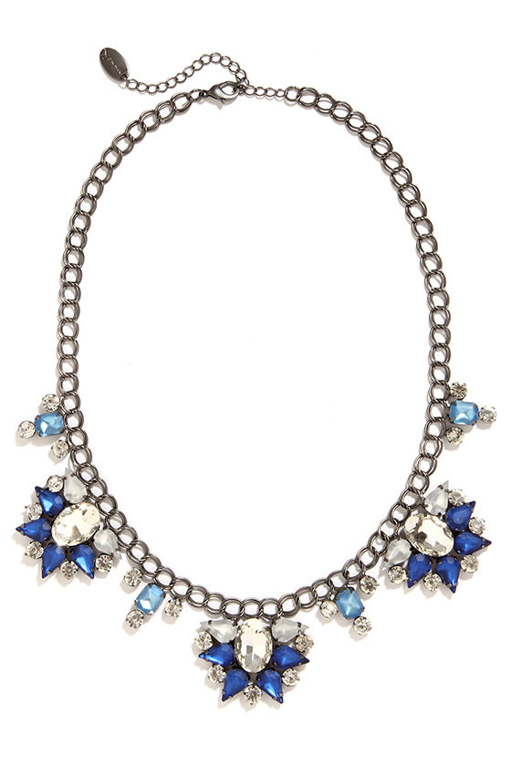 Blue Necklace - Rhinestone Necklace - Gunmetal Necklace - $30.00 - Lulus
