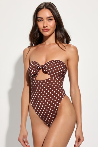 Devon Brown Polka Dot Strapless Knotted One-Piece Swimsuit
