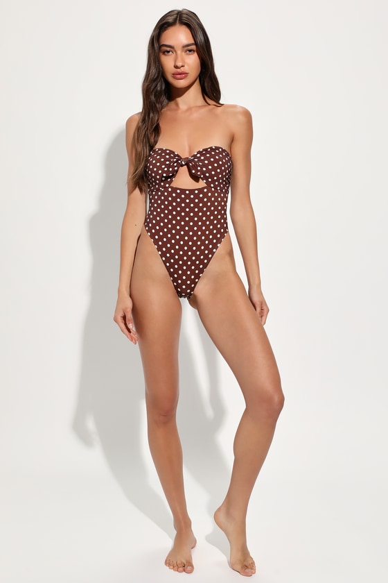 Devon Brown Polka Dot Strapless Knotted One-Piece Swimsuit 3
