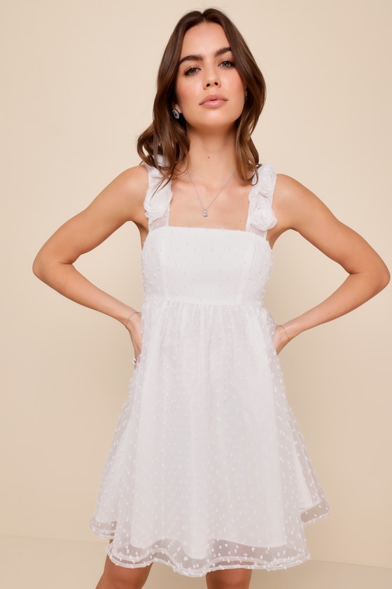 Darling Existence White Swiss Dot Rosette Sleeveless Mini Dress 1