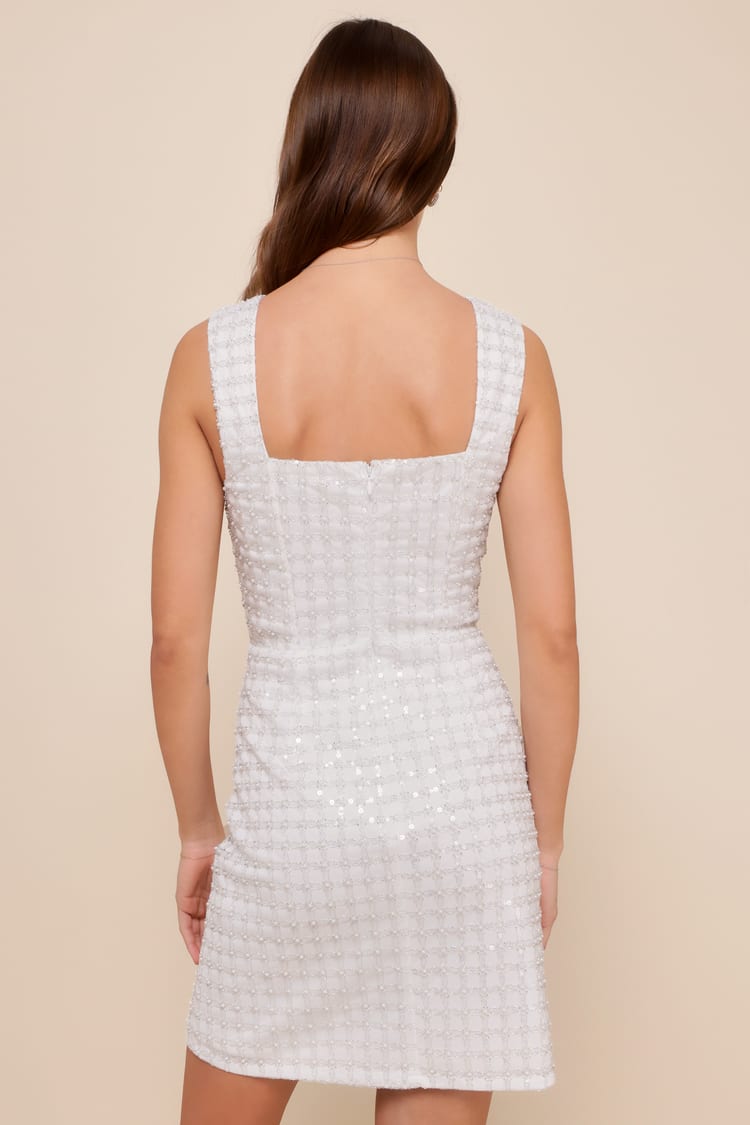 Beautifully Decadent White Sequin Pearl Sleeveless Mini Dress