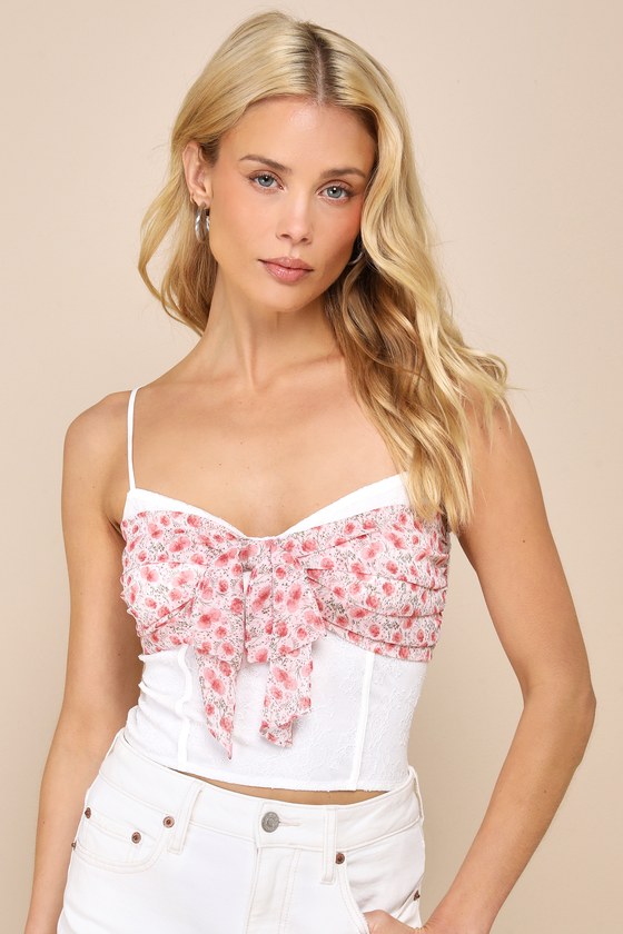 Shop Lulus Darling Mentality Ivory Floral Mesh Bow-front Crop Top