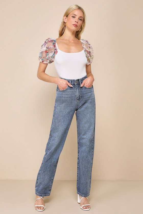 Lulus Iconic Option Ivory Ruffled Floral Statement Sleeve Top In Ivory