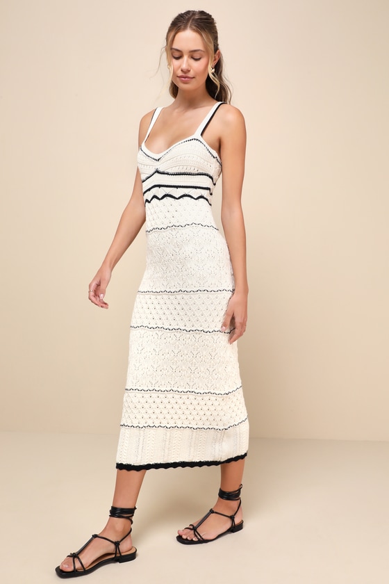 Lulus Unique Persona Ivory Multi-textured Knit Sleeveless Midi Dress In Ivory