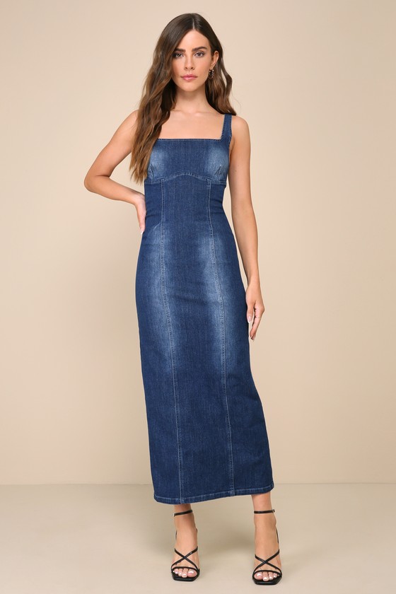 Carefree Style Dark Wash Denim Bodycon Midi Dress 1