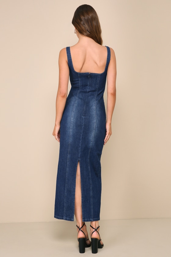 Carefree Style Dark Wash Denim Bodycon Midi Dress 2