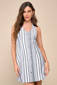 Italian Stroll White Striped Button-Front Halter Mini Dress