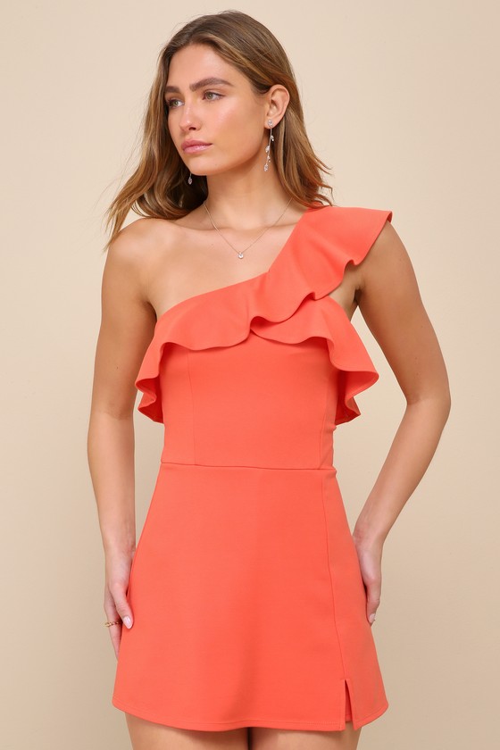 Coral Pink Skort Romper - One-Shoulder Romper - Skort Romper
