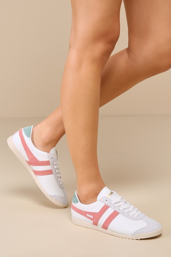 Gola Bullet Pure White And Coral Pink Suede Leather Sneakers