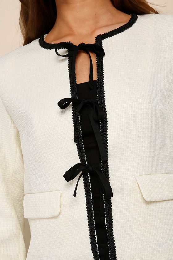 Shop Lulus Coquette Chic Ivory And Black Tweed Tie-front Blazer
