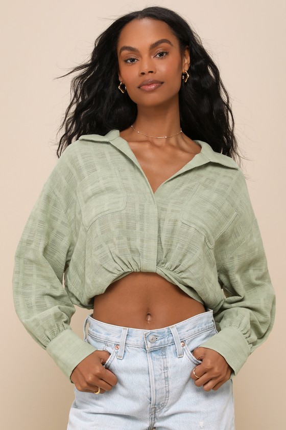 Sage Green Top - Textured Crop Top - Collared Long Sleeve Top - Lulus