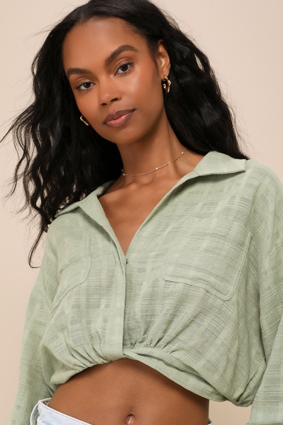 Lulus Sunny Day Choice Sage Green Textured Cropped Collared Top In Sage Green