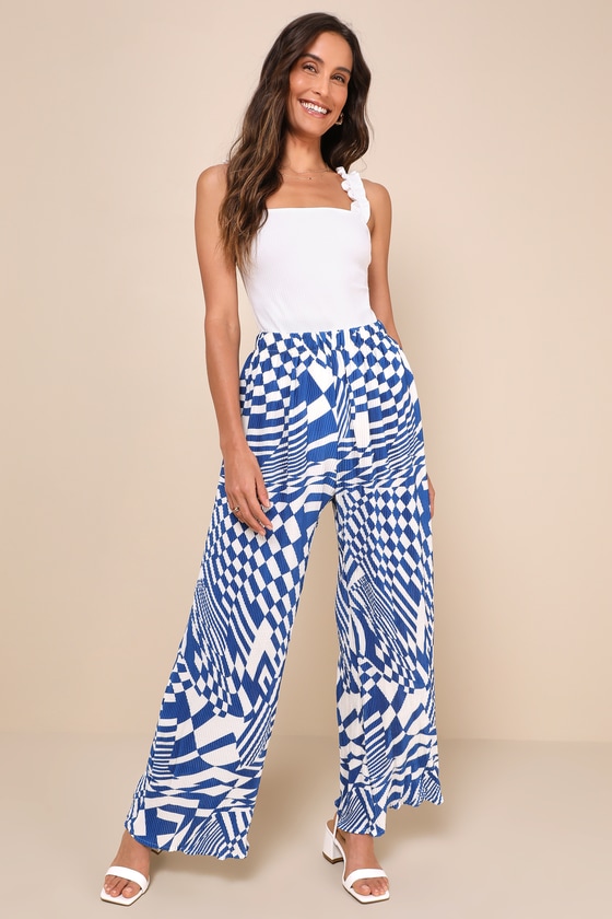 Shop Lulus Remarkable Vibe Blue And White Abstract Plisse Wide-leg Pants