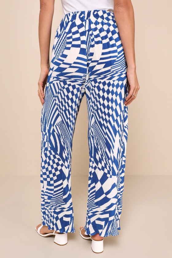 Shop Lulus Remarkable Vibe Blue And White Abstract Plisse Wide-leg Pants