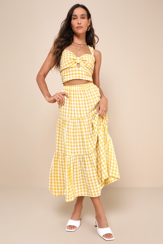 Lulus Completely Endearing Yellow Gingham Tiered Midi Skirt