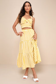 Completely Endearing Yellow Gingham Tiered Midi Skirt