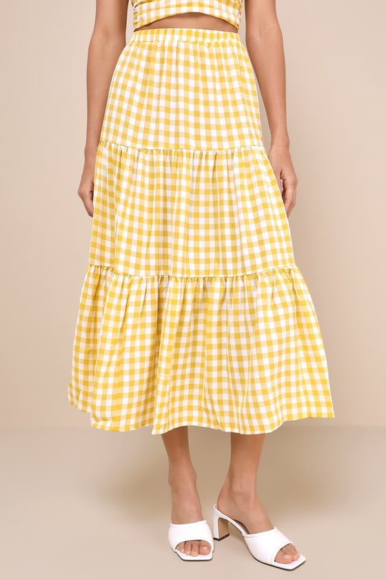 Shop Lulus Completely Endearing Yellow Gingham Tiered Midi Skirt