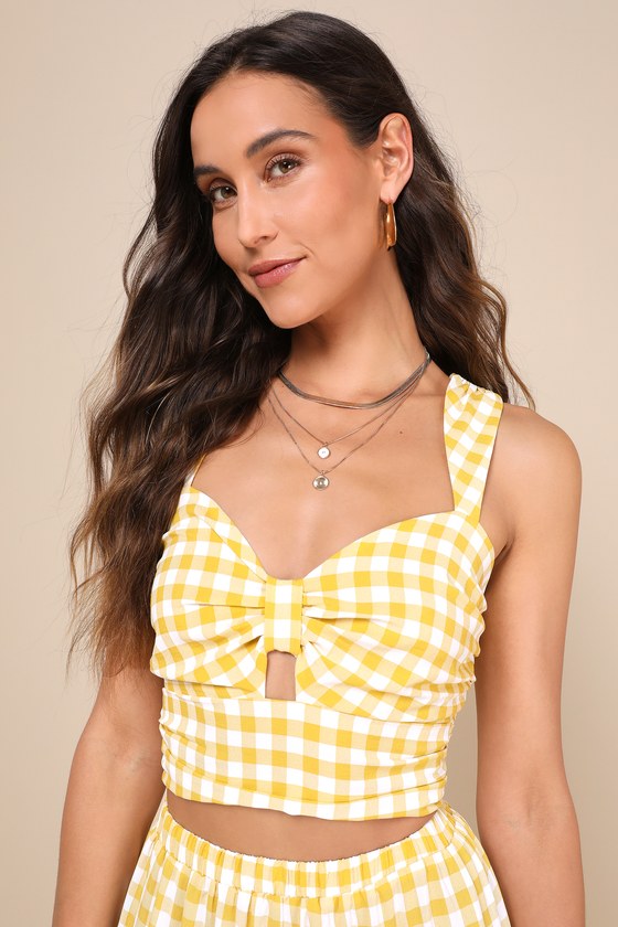 Lulus Completely Endearing Yellow Gingham Keyhole Cutout Crop Top