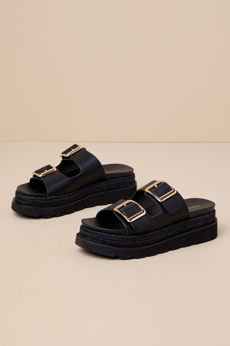 Mythical Black Buckle Raffia Flatform Slide Sandals