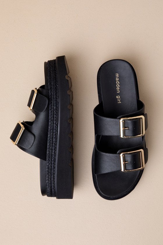 Shop Madden Girl Mythical Black Buckle Raffia Flatform Slide Sandals