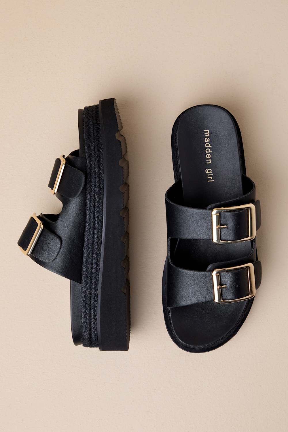 Mythical Black Buckle Raffia Flatform Slide Sandals