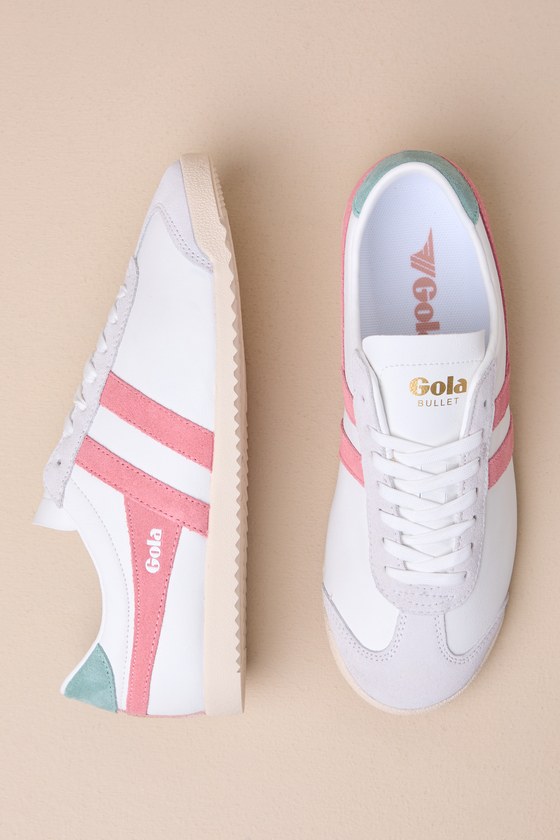Shop Gola Bullet Pure White And Coral Pink Suede Leather Sneakers