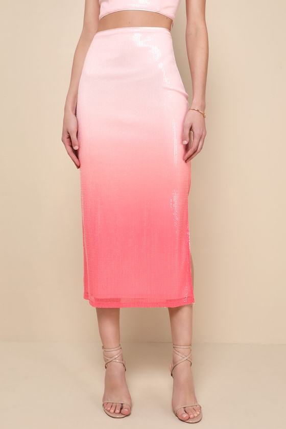 Shop Lulus Special Stunner Pink Ombre Sequin High-rise Midi Skirt