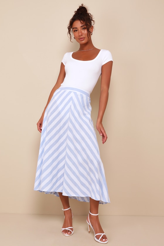 Ultimately Chic Light Blue Striped High-Rise Midi Skirt 1