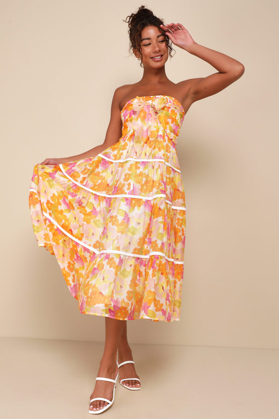 Lulus Sunlight Aura Orange Floral Strapless Tiered Midi Dress In Multi