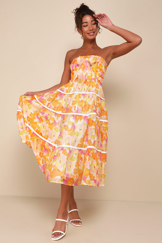 Shop Lulus Sunlight Aura Orange Floral Strapless Tiered Midi Dress