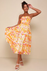 Sunlight Aura Orange Floral Strapless Tiered Midi Dress
