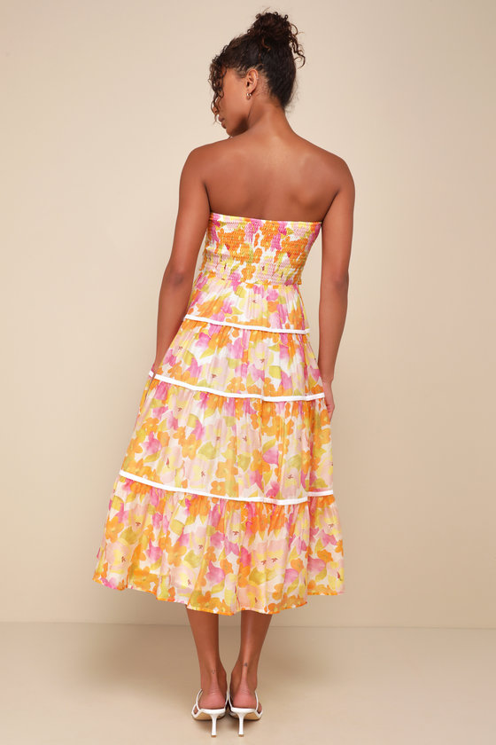 Shop Lulus Sunlight Aura Orange Floral Strapless Tiered Midi Dress