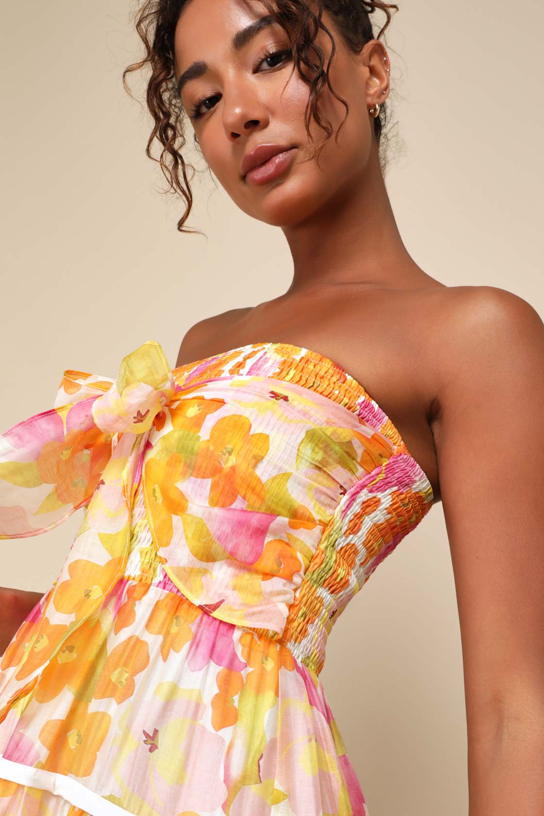Sunlight Aura Orange Floral Strapless Tiered Midi Dress