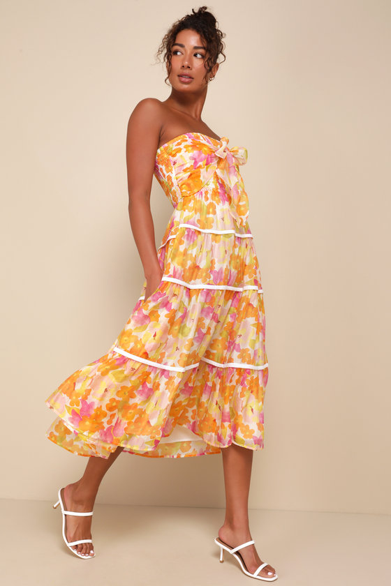 Lulus Sunlight Aura Orange Floral Strapless Tiered Midi Dress In Orange