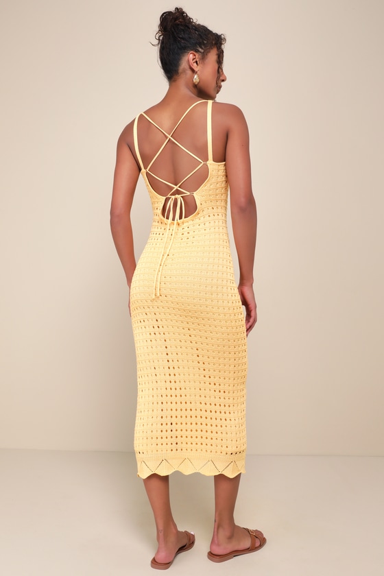 LULUS VENTURA VISION LIGHT ORANGE CROCHET LACE-UP MIDI DRESS 