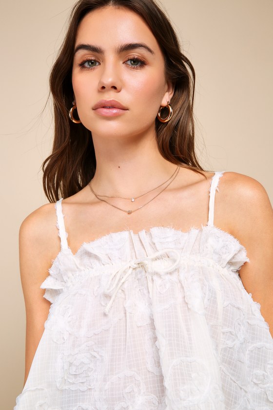 Shop Lulus Utterly Darling Cream Ruffled Textured Floral Tie-front Cami Top In White