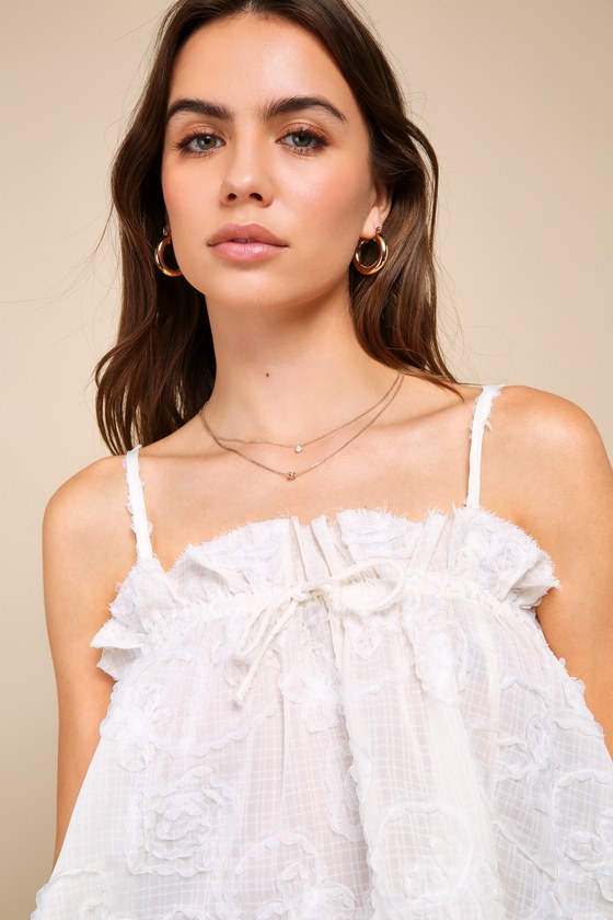 LULUS UTTERLY DARLING CREAM RUFFLED TEXTURED FLORAL TIE-FRONT CAMI TOP