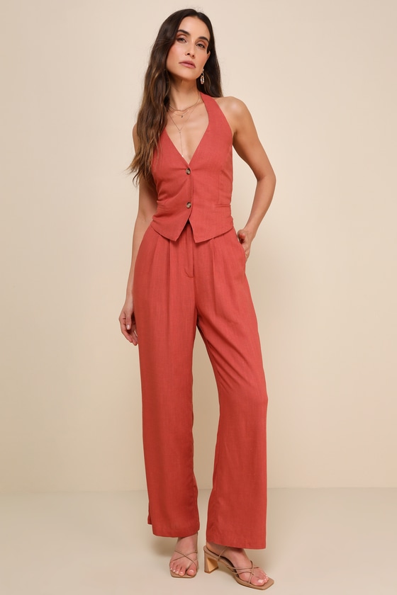 Relaxed Darling Rust Linen High-Waisted Trouser Pants 3