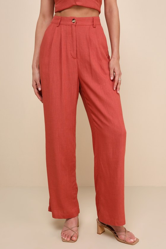 LULUS RELAXED DARLING RUST LINEN HIGH-WAISTED TROUSER PANTS
