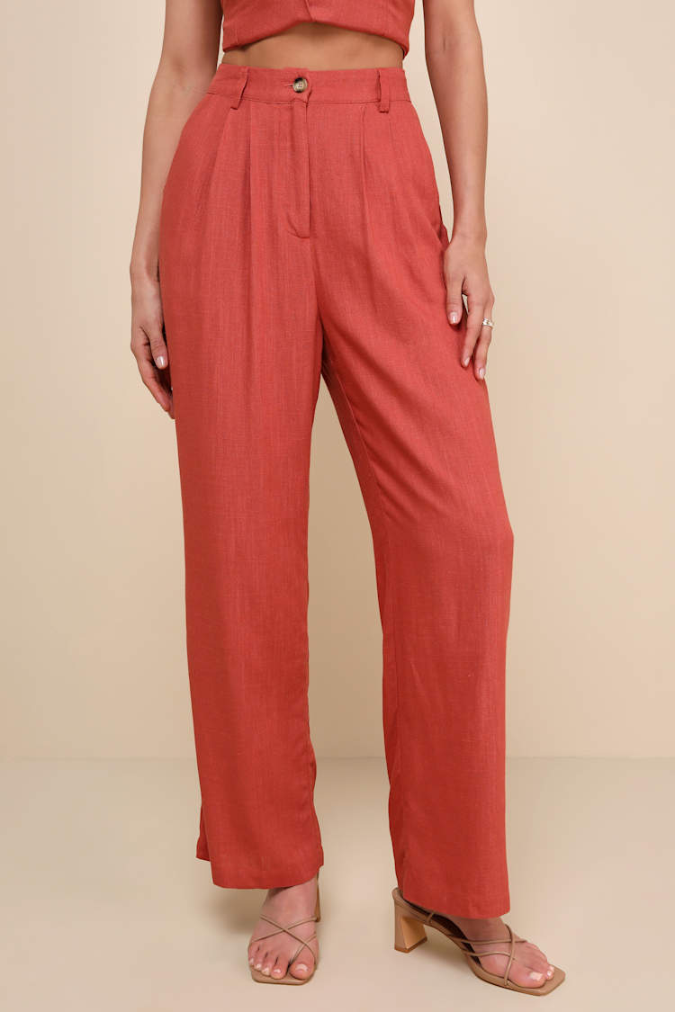 Relaxed Darling Rust Linen High-Waisted Trouser Pants