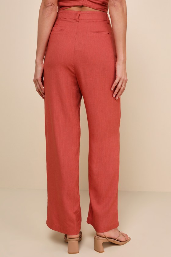 LULUS RELAXED DARLING RUST LINEN HIGH-WAISTED TROUSER PANTS