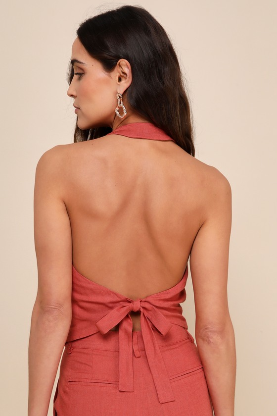 LULUS RELAXED DARLING RUST LINEN TIE-BACK HALTER VEST TOP