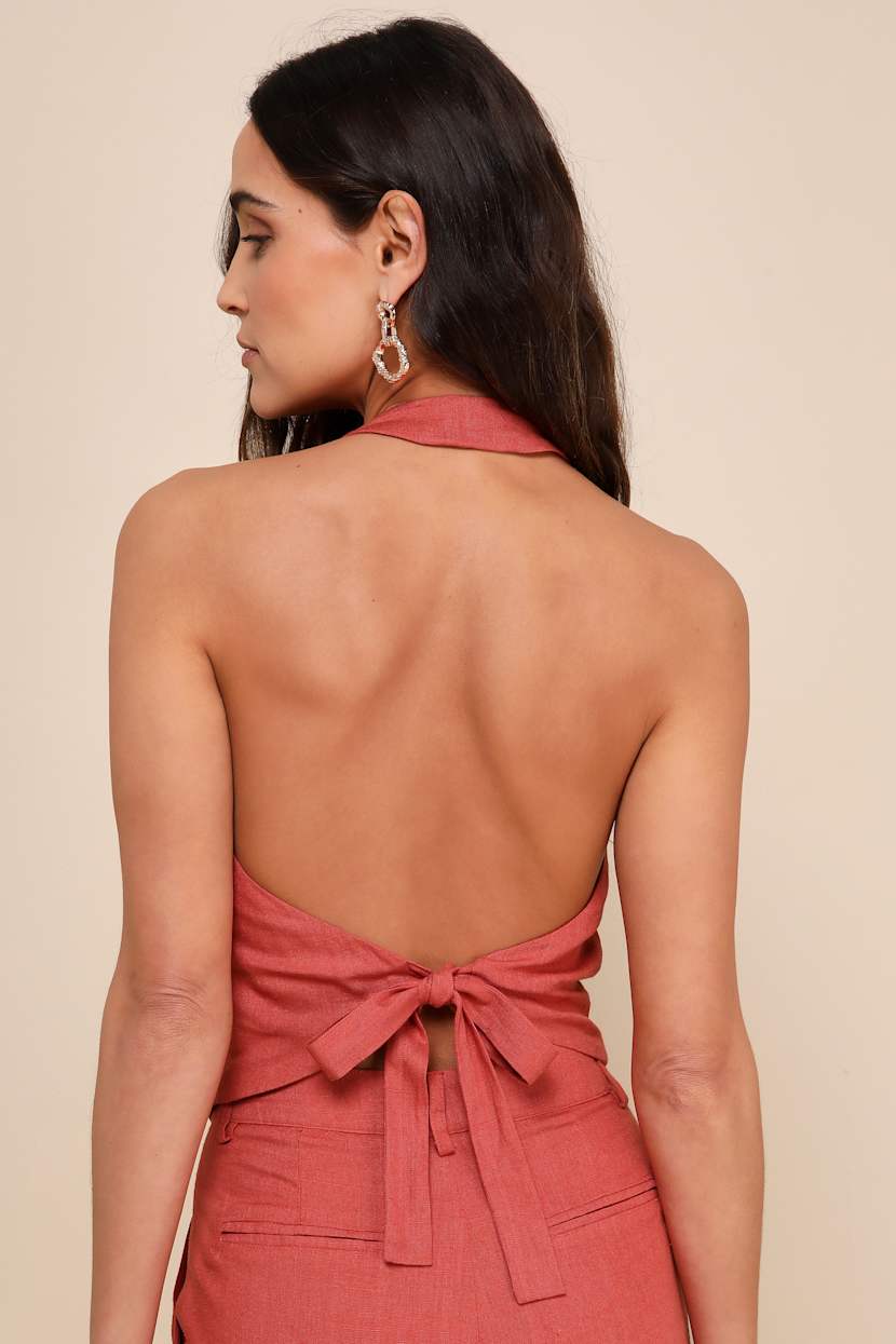 Relaxed Darling Rust Linen Tie-Back Halter Vest Top