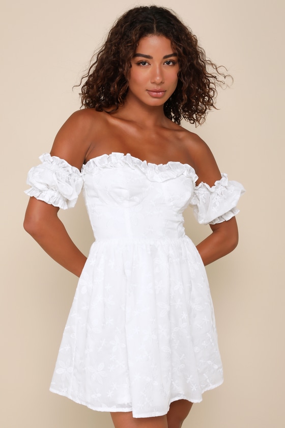 Shop Lulus Sweet Viewpoint White Embroidered Off-the-shoulder Mini Dress