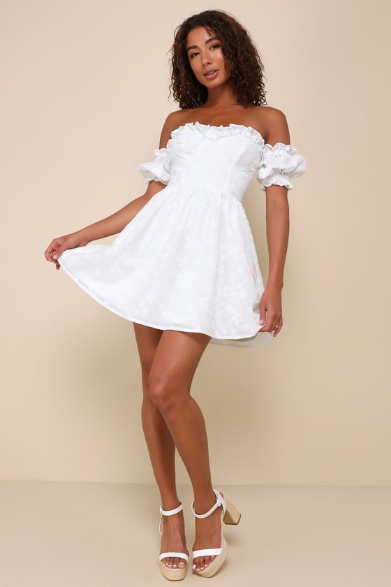 Shop Lulus Sweet Viewpoint White Embroidered Off-the-shoulder Mini Dress